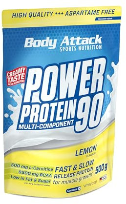 Body Attack Power Protein 90, Limone, 500g, 5K proteine in polvere con proteine del siero di latte, L-carnitina e BCAA per la costruzione muscolare e il fitness.