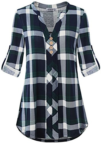 MOQIVGI Career Blouses for Women,Business Casual Checked Soft Snug Curved Hem Dressy Flowy Shirts Cuffed Long Sleeve Vneck Nice Slouchy Country Style Tunic Tops Boutique Clothing Blue Green XX-Large