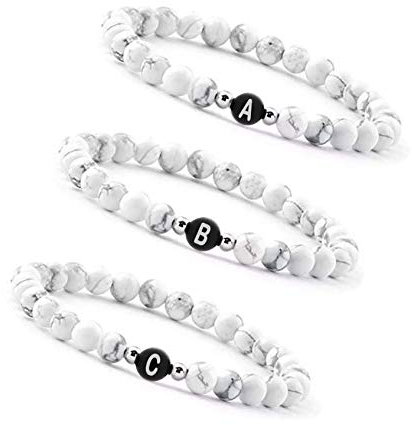 Just4Trend Personalisierte Partnerarmbänder | Pärchen Namensbänder couple Edelsteine Howlith 6mm | Perlenarmband Freundschaftsarmband Buchstaben Armband W1