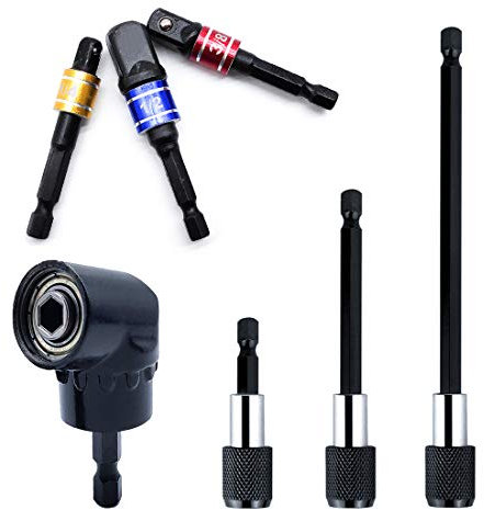 QISF 105 Degree Right Angle Drill Attachment Driver Angle Power Tool + 3PCS Impact Socket Adapter Nut Driver Bit + 3Pcs 1/4'' Hex Shank Magnetic Extension Quick Release Screwdriver Bit Holder