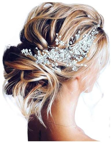 Unicra Bride Flower Wedding Hair Vine Crystal Bridal Hair Piece Rhinestone Party Hair Accessories Leaf Jewelry Bead Headpiece for Women and Girls (Silver)