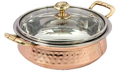 PARIJAT HANDICRAFT 1 Stück indische gehämmerte Kupfer-Edelstahl-Servierschale für Lebensmittelsuppe mit Griff und Glasdeckel, dekoratives Seveware, Größe: 17,8 cm