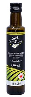 Signé Caméline, Huile de Cameline torréfiée pressée à froid, 250 ml. Notes d'huile de sésame et de noisettes grillées, cuisine asiatique, nouilles ramen, sushi, sautés. Produit du Canada.