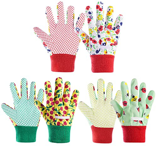 OSDUE Guanti da Lavoro da Giardino per Bambini, Set di 3 Guanti da Giardinaggio per Bambini, Guanti Flower Power da Terra e da Piantagione, 3-6 Anni, 7-9 Anni, Scuola Materna, Junior, Antiscivolo (S)