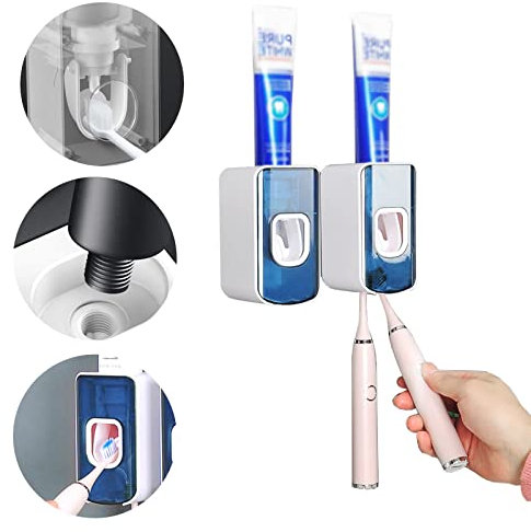Zahnbürstenhalter Zahnpasta-Spender Quetscher Wandmontage für Badezimmer, mit automatischer Zahnpastaquetsche und 2 Zahnbürstenhalter