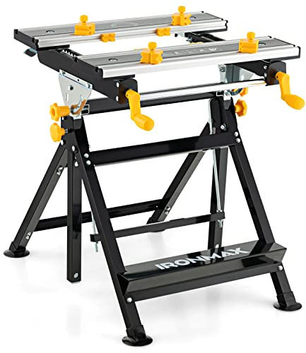 COSTWAY Établi Pliable avec Plate-Forme Inclinable 7 Hauteurs réglables | Support de Scie Garage Cadre en Alu avec 2 Poignées de Serrage et 8 Pinces Coulissantes, Tréteau Plan de travail Portable