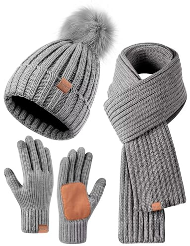 FISFET Mütze, Schal & Handschuh-Sets für Damen, Beanie Mütze Damen Winter mit Bommel Fleece Gefütterte, Touchscreen Handschuhe Schal Wärmer Cap 3 in 1 Geschenk Set(Grau)