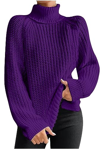 Same Day delivery Items Prime Women's Turtleneck Sweaters Slouchy Knit Chunky Sweater Fall Winter Fashion Cable Weaving Long Sleeve Pullover Cap Sleeve Sweater Purple 2X