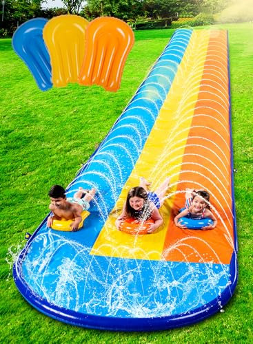 Sloosh 22,5ft/685,8cm Dreispurige Wasserrutsche mit 3 Bodyboards, Rasen-Wasserrutsche mit Outdoor-Sprinkler für Kinder und Erwachsene, Sommerspielzeug für Wasserspaß