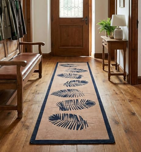 miqna Läufer Teppich, Küchenteppich, Waschbar Küchen läufer, Blattmuster rutschfest Flur Teppich Läufer Beige (Hoja Beige, 80 x 200 cm)