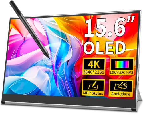 Magedok OLED Tragbarer Monitor 4K, 15.6 Zoll Touchscreen Display DCI-P3 100%, Anti-Glare, 1Ms, MPP Stylus Pen Kompatibel, Laptop Externer Bildschirm Augenpflege Gaming Computer Display W/Stand Sliver