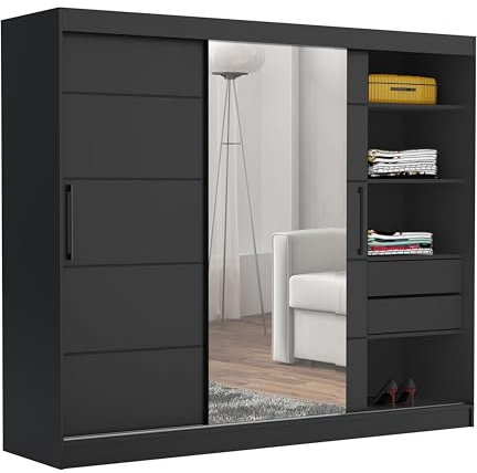 Brent - Kleiderschrank mit Spiegel und Schubladen 235cm Breit Chelsea Tomy, Schwebetürenschrank mit Spiegel, Schlafzimmerschrank, Kleiderschrank Schwarz