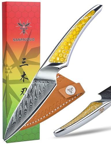 SANMUZUO Couteau d'office 9 CM, couteau de cuisine japonais en acier Damas VG-10, couteau à fruits ultra tranchant avec manche pleine soie en résine Jaune, série LA-S9