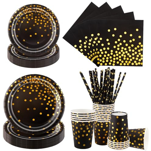 Aitsite Lot de 100 assiettes en carton jetables avec assiettes, serviettes, pailles et gobelets, pour anniversaire, mariage, anniversaire de mariage - Noir et doré