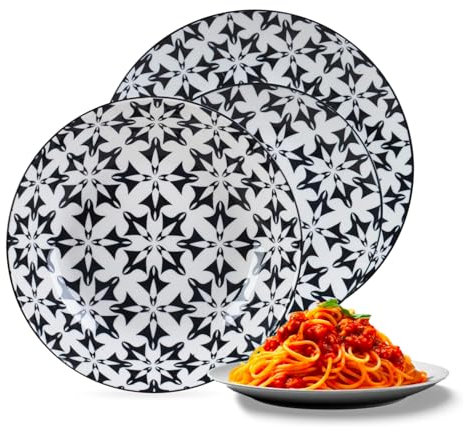 Avilia Servizio Piatti 18 Pezzi in Porcellana Resistemte Fantasia Bianco e Nero - Ideale per 6 Persone per Servire Primo, Secondo e Dolce - Set Composto da Piatti Piani, Fondi e Dessert