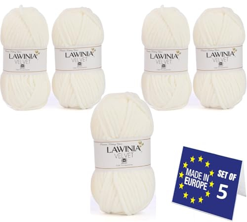 LAWINIA Premium Soft Chenille Yarn Chunky for Knitting, Thick Velvet Yarn, Does NOT SHED, Plush Crochet Chunky Wool, Fluffy Wool for Baby Blanket, Bag, Accessories, Amigurumi, Pack of 5 - Each 65m