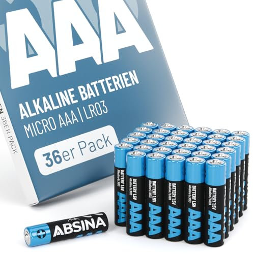 ABSINA 36x Batterien AAA Großpackung 1,5V Alkaline - Langlebige Micro LR03 AAA Batterien für Fernbedieung, Spielzeug, Wecker UVM - LR3 Batterie AAA, A3 Batterien, AAA Batteries, AAA Batterie