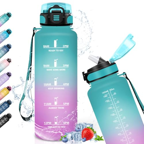 Trinkflasche 1,5 Liter, Trinkflasche mit Strohhalm, Trinkflasche Sport mit Motivierendem Slogan, Trinkflasche mit Zeitmarkierung, Wasserflasche für Fitness, Camping, Wandern, Running, Yoga, Gym