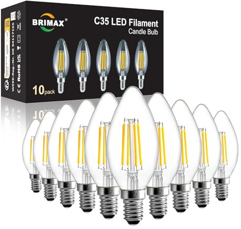 BRIMAX Dimmerabile Lampadine LED E14 5000K bianco freddo 4W Lampadina Candela vintage 4W Equivalenti a 40W 400lm AC220-240V C35 Led Lampada vetro trasparente Lampadine di ricambio 10 Pezzi