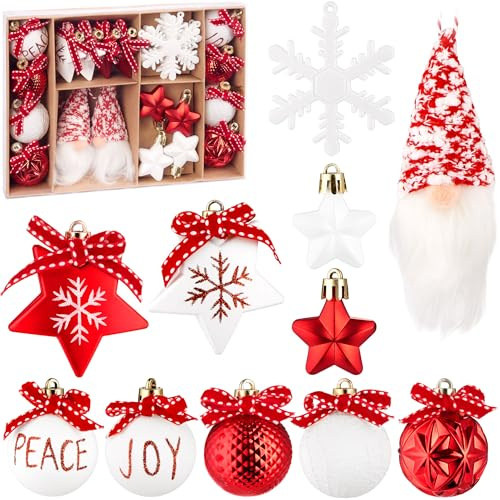 BRUBAKER 24 Stück Christbaumschmuck Rot und Weiß - Weihnachtskugel Set | mit Wichtel Zwergen, Joy und Peace Kugeln, Schneeflocken, Sterne und Baumkugeln mit roten Schleifen - Baumschmuck