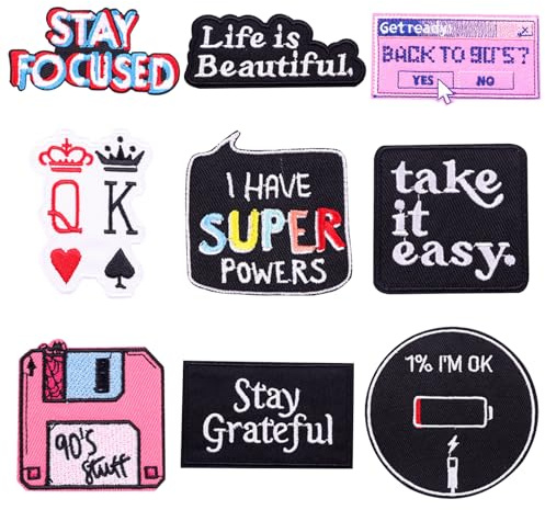 FOSDICK 9 Stück Bügelflicken, Bestickte Patch Aufnäher, Patches zum Aufbügeln Erwachsene, BüGelflicken Kinder, Bügel Patches, Patches Zum AufnäHen Applikation für Kleidung Jeans T-Shirt Taschen