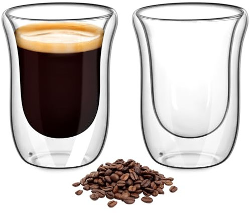 AOOTE 2 Unidad Vasos de Espresso, 250ML Doble Pared Transparente de Vidrio Borosilicatado, Vaso de Chupito de Espresso de Doble Pared, Apto para Lavavajillas, Tazas de Té, Café, Capuccino