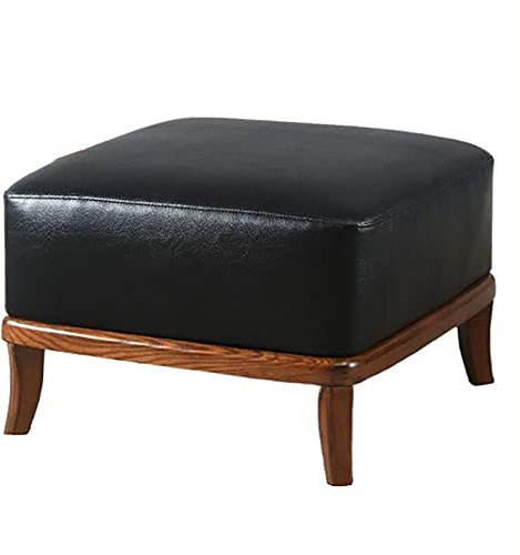 Moderner Ottomane aus Leder mit Massivholzbeinen für Wohnzimmer, Premium-Multifunktionssitz, quadratisch, schwarz, 50 x 50 x 32 cm