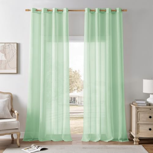 Softalker Vorhang Grün mit ösen Gardinen Wohnzimmer Transparent 225 cm Lang Stores Gardine Schal 2er Set Leinenoptik Vorhänge Schlafzimmer 140 cm Breit für Schiene Deko Küchen Kinderzimmer