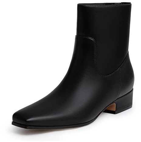 Athlefit Women's Black Low Heel Ankle Boots Fashion Square Toe Chunky Block Heel Short Booties with Side Zipper Size 5.5