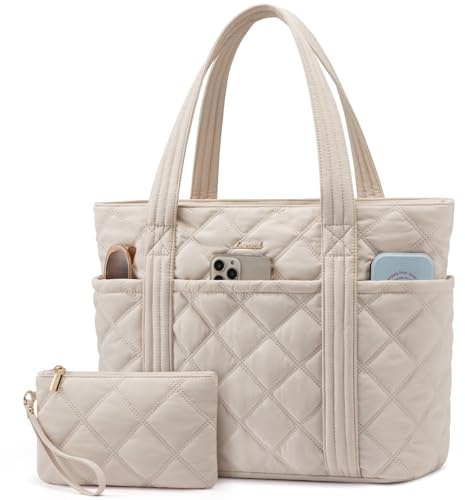 LOVEVOOK Laptop Tote Bags for Women, Lightweight Puffer Handbag for School, Large Work Handbags Ladies Tote Bag with Compartments, Quilted Shoulder Bag for Teacher Nurse Work Shopping Travel