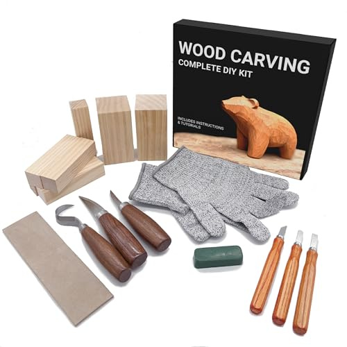 Artnova Kit de tallado en madera para principiantes – Set con cuchillos, guantes anticorte talla L, bloques de madera de tilo, afilador, compuesto pulidor, funda y guía con tutoriales