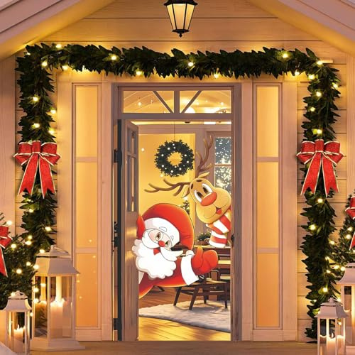 SOETDERT Weihnachten Tür Abdeckung Dekoration, 200 x 90 cm, Rot, Polyester, Türmontage, Weihnachtsdeko Tür, Weihnachtsmann Elch Türdeko, Banner Hintergrund, Haustür, Toilettentür, Neujahr Deko
