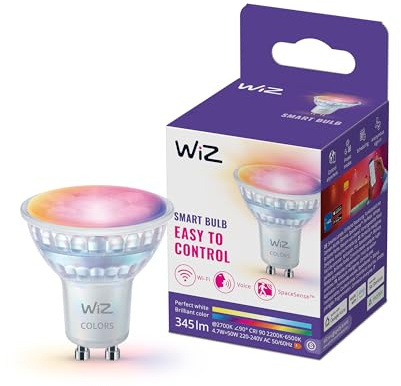 WiZ Spot LED connecté GU10 en verre, Multicolore et Blanc personnalisable, Équivalent 50 W, 2200-6500 K, 345 lumens, Intensité réglable, Compatible Alexa, Google Assistant et Apple Home, pack de 1