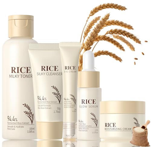 Reis Skincare Set - Gesichtspflege Skin Care Set Glättet die Haut - Korean Skincare Set Tiefe Feuchtigkeit - Beauty Set & Geschenkset Frauen mit Reiniger,Rice Toner,Creme,Serum (5PCS(Augencreme))