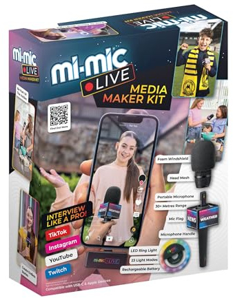 Mi-Mic Media Maker, Kids Wireless Vlogging & Podcast Kit for Youtube, TikTok, Bluetooth Microphone Set with Ring Light, Lapel Mic, Receiver, Stickers & Stand for Videos, Vlogs, Podcasts and Content