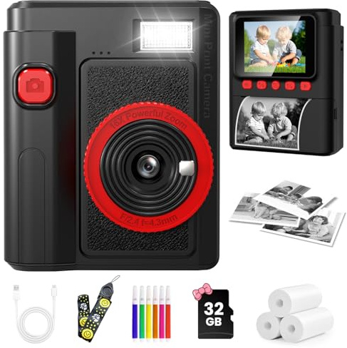 QIVORO Kids Camera Instant Print, 1080P Instant Digital Print Camera for Kids with 32GB Card & 3 Rolls Photo Paper. Christmas Birthday Gift Toys for Toddler Boys Girls Age 3-12 (Black)