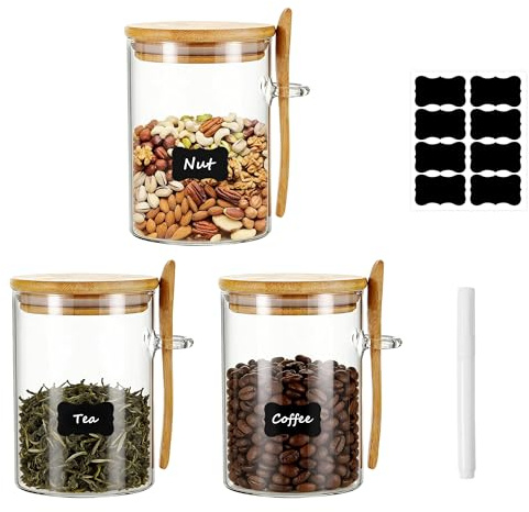 ChefHoablorn 3-Pack 550ml Glass Storage Jars with Bamboo Lids & Spoons - Airtight Containers for Coffee Beans, Spices, Tea, Nuts, Sweets, Salts & More