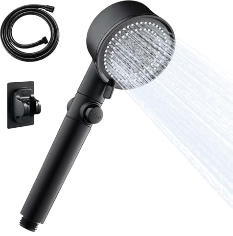 Alcachofa de Ducha Alta Presion, 6 Modos Antical Alcachofa Ducha con Manguera de 1.5M & Base, botón de parada instantánea, Agua Dura y Eliminación de Cloro Residual, Negra