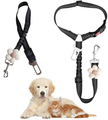 MSLSOZ Cinturones de seguridad para perro, 2 unidades, arnés ajustable para automóvil con diseño reflectante y clip giratorio de 360° (largo + corto), cinturón de seguridad acolchado elástico