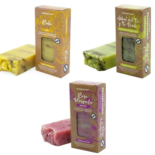 Jabón Artesano Natural 100g – Ruda/Árbol del Té & Té Verde/Rosa Mosqueta – Hecho a Mano, Vegano, Sin Químicos – Hidratante, Calmante y Suave para Piel Sensible