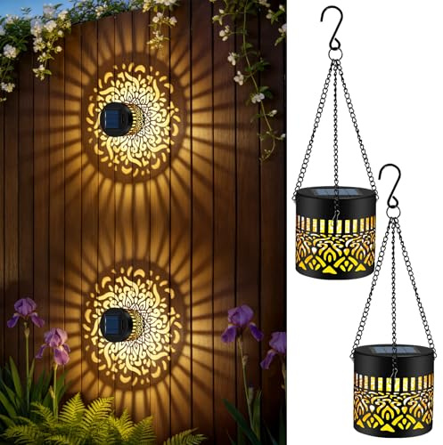 FLSEPAMB Solarlampen für Außen Garten Hängend 2 Stück, Metall Solarlaterne Draußen 4 Montagearten, IP65 Wasserdicht Mandala Solarleuchten Garten für Terrassen, Balkon, Hof Deko (Warmweiß)