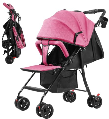 Lightweight Baby Stroller, Travel Pushchair with One Hand Folding, Compact Reclining Buggy for Toddlers, Adjustable Backrest & Canopy, 5 Point Harness, Storage Basket [Object Object]
