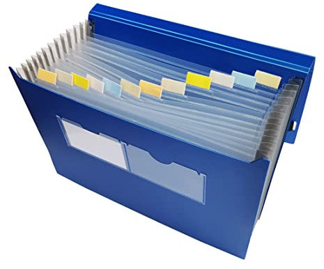 EXXO by HFP Fächertasche/Aktentasche, passend für A4 Unterlagen, 12 Fächer, aus PP, dehnbare Fächer, mit Klarsicht-Taben, Gummiband-Verschluss und Namensschildtaschen, Farbe: blau – 1 Stück
