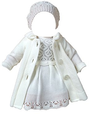 Robe de baptême bébé Fille tricotée 3 pièces avec Manteau et Bonnet (9-12 Mois)