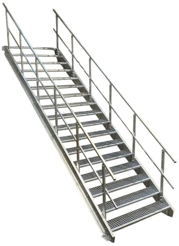 17 Stufen Stahltreppe mit beidseitigem Geländer/Breite 120cm Geschosshöhe 282-350cm / Robuste Außentreppe/Wangentreppe/Stabile Industrietreppe für den Außenbereich/Inklusive Zubehör
