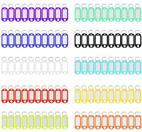 QincLing 100 st nyckeltaggar, nyckelringsetiketter nyckeletiketter plastnyckel fobs ID taggar nyckelringar namnetiketter bagage ID etiketter med etiketter delad ring nyckelring
