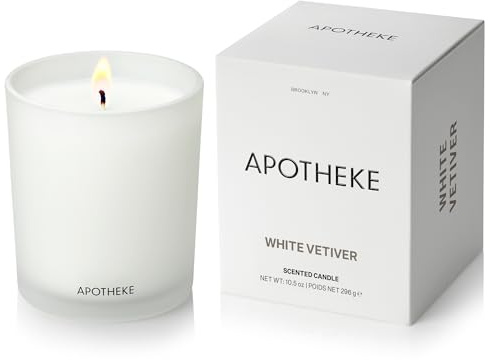 Apotheke Signature Scented Candles for Home, White Vetiver - 10.5 oz - Soy Wax, Non Toxic, Large Jar White - Luxury Candle Gifts for Women & Men - Sandalwood, Eucalyptus, and Vetiver