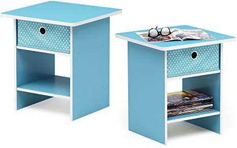 Furinno Dario End Table/ Night Stand Storage Shelf with Bin Drawer, Light Blue/Light Blue, Set of 2