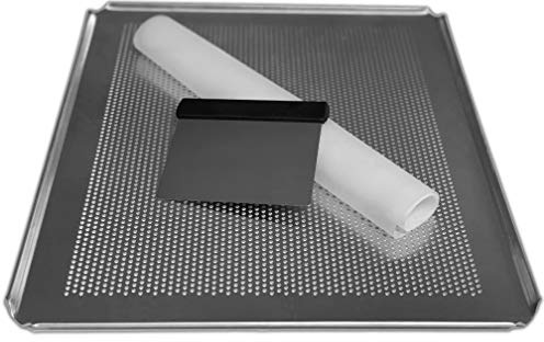 LEHRMANN 3-teiliges Backset - Backblech 42,5 x 36 cm perforiert, Silikonmatte, Teigschaber Edelstahl für Pizza backen zuhause