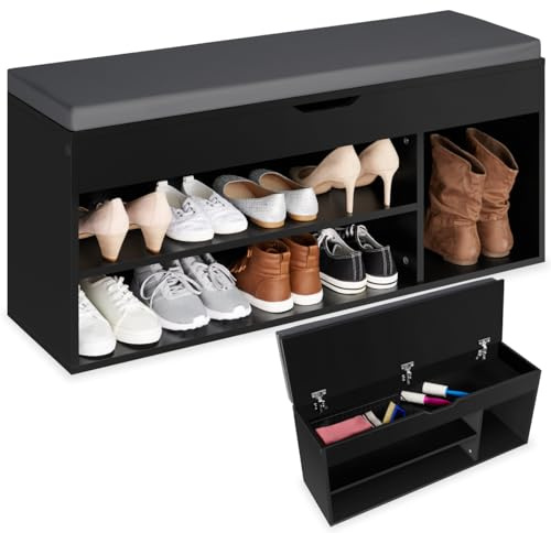 tectake® Banco Zapatero con Gran Espacio de almacenaje, 9 Pares de Zapatos, Acolchado, Estructura Estable, estanteria Zapatero, Mueble Entrada recibidor- Negro